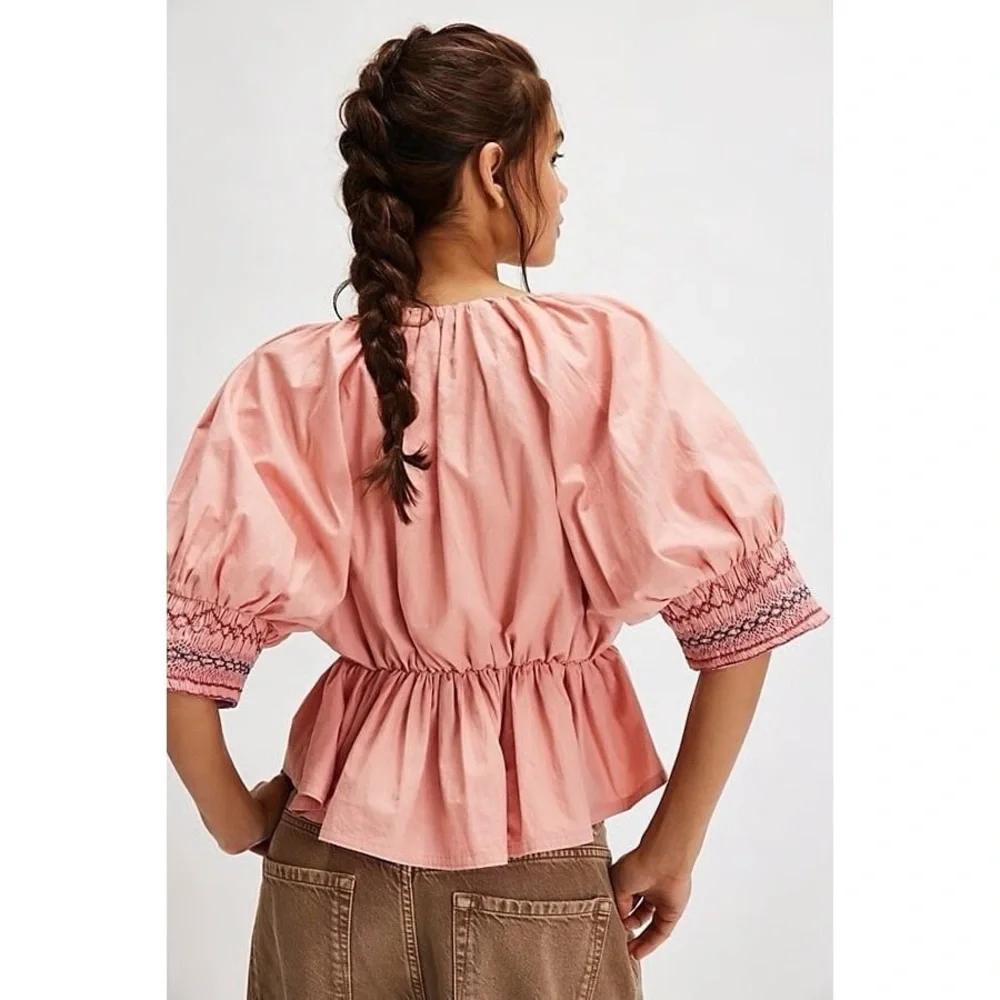 Free People Where We Meet Smocked Embroidered Cotton Cropped Blouse Sz‎ S boho